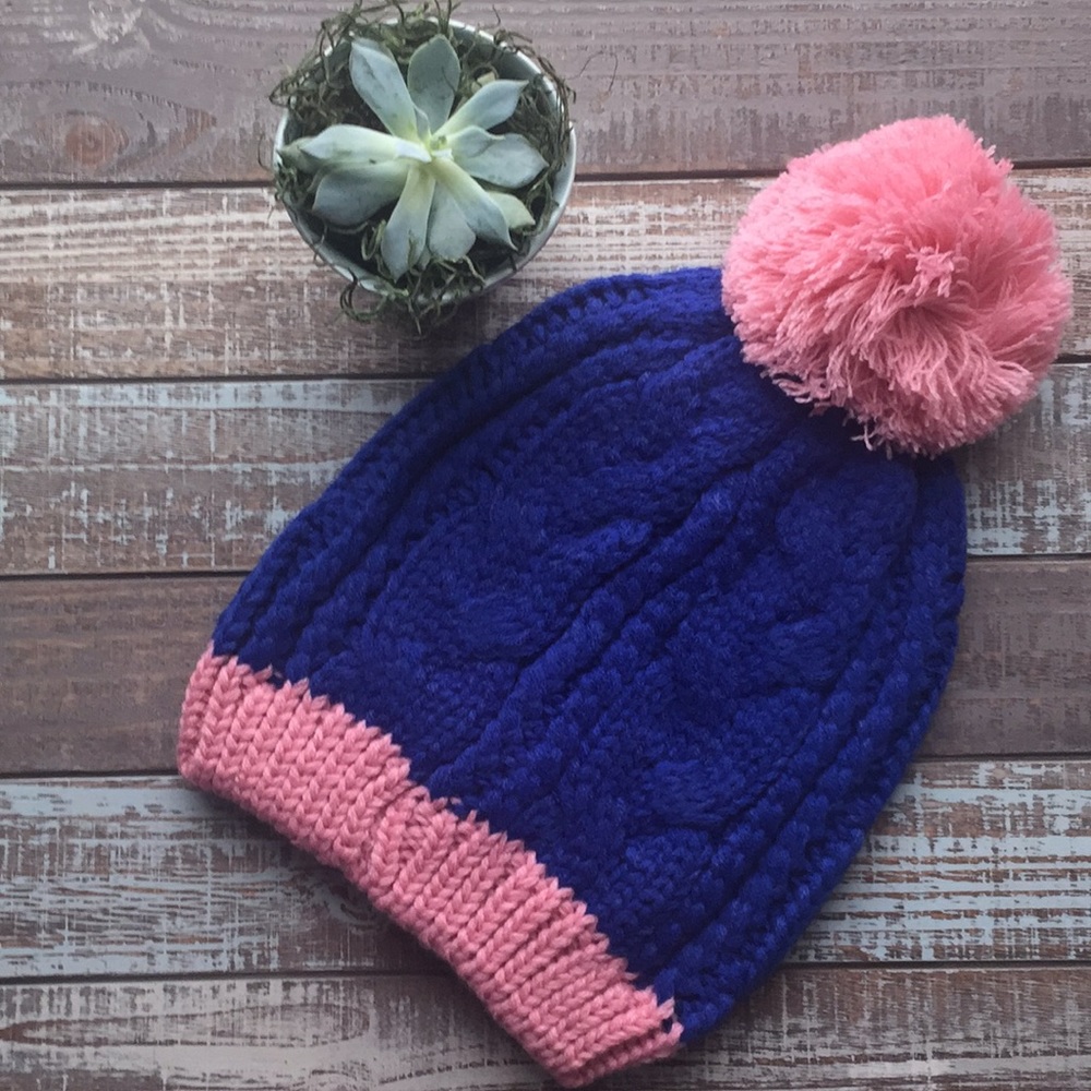 Two Tone Knit Pom Pom Beanie